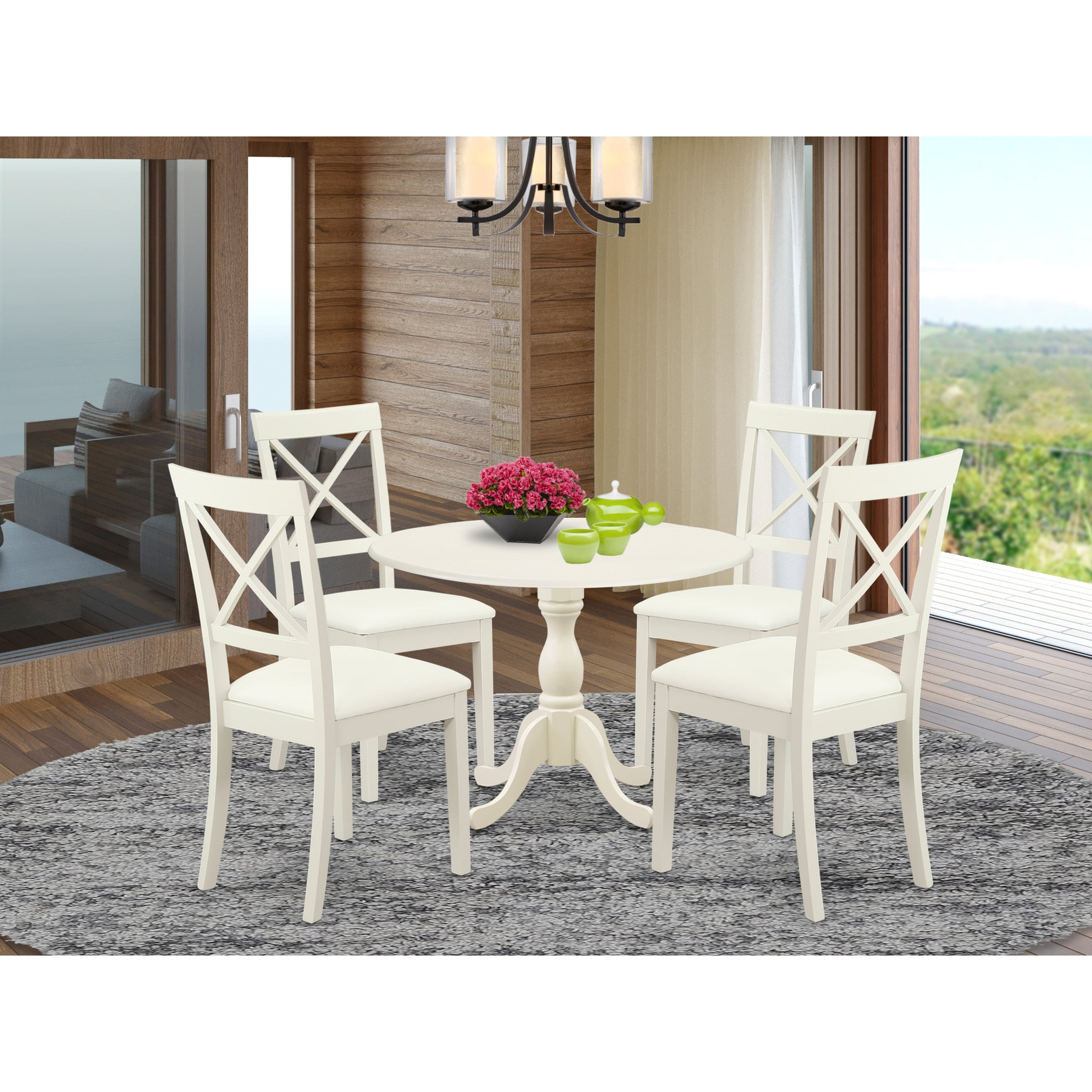 East West Furniture Round Kitchen Table with Drop Leaves - Linen White Table Top and Black Pedestal Leg Finish