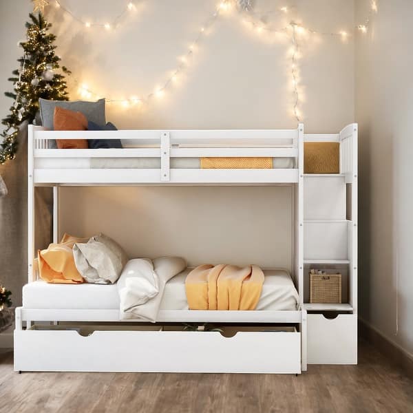 slide 2 of 11, 3 Beds In 1 Twin Over Full/Twin Bunk Bed with Shelves And Drawers White