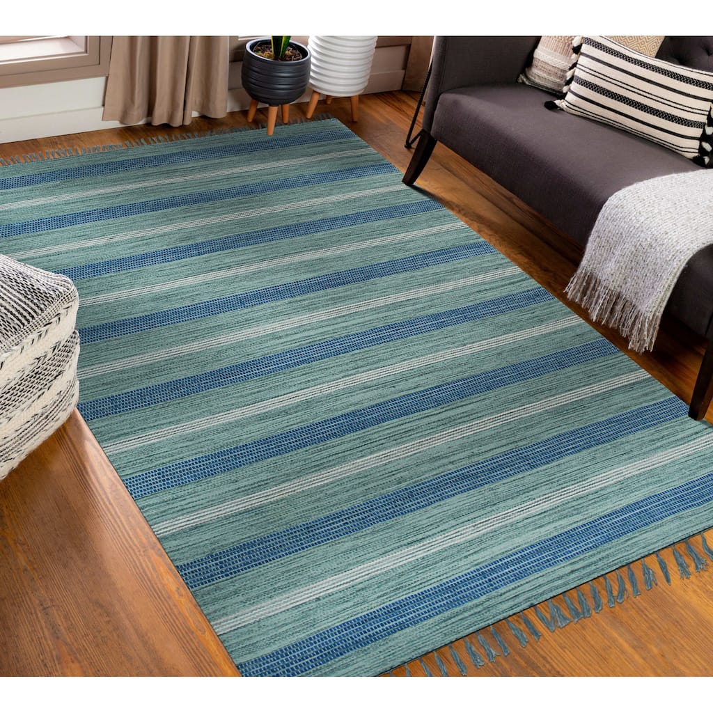 Turquoise Transitional Stripe Woolen Flatweave Area Rug, Elegant Soft Texture for Living Rooms or Bedrooms - L