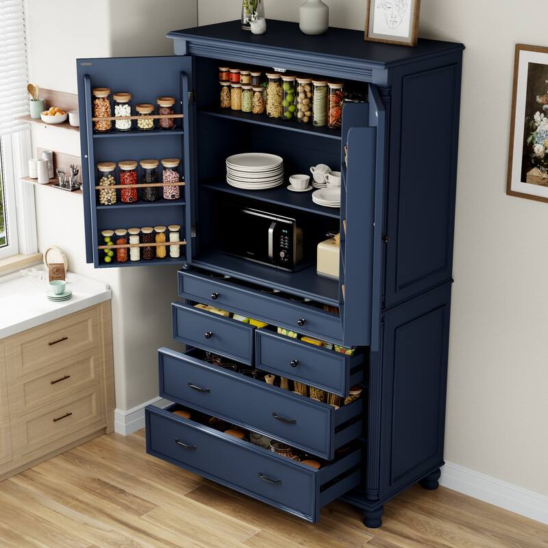 Farmhouse 77.3" Tall Kitchen Pantry Cabinet with 5 Drawers, 6 Door Shelves, 2 Adjustable Shelves
