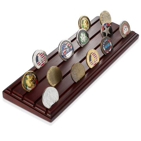Military Challenge Coin Holder Display with 4 Rows, Walnut Finish