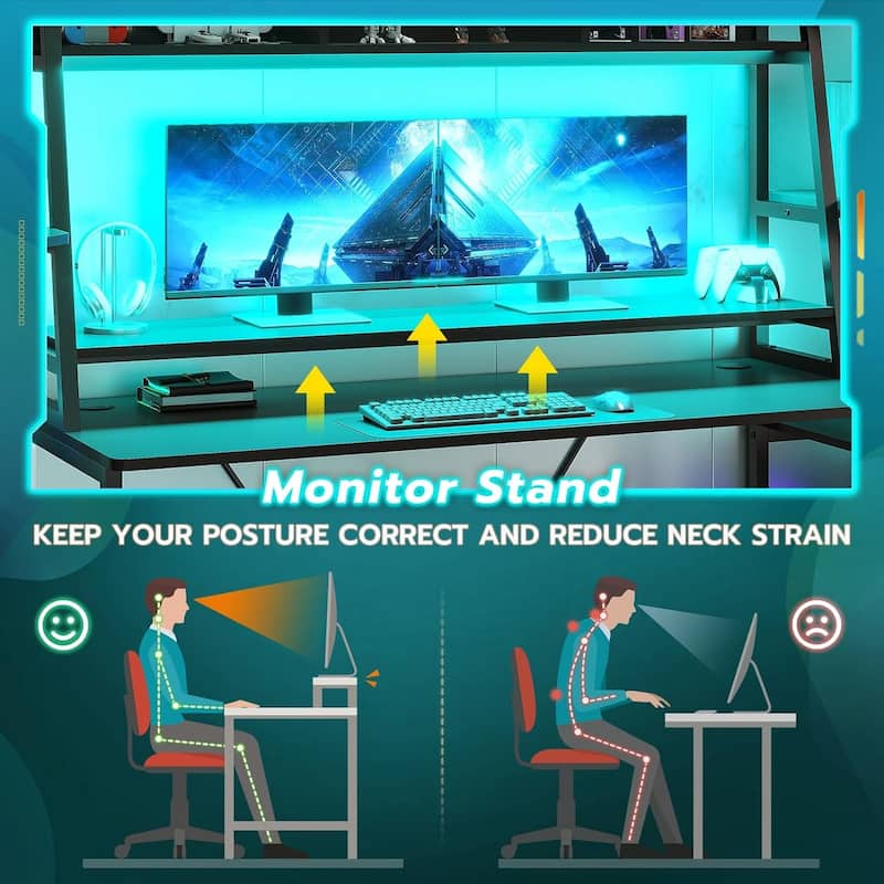 Gaming Desk LED Lights Hutch and Storage Shelves PC Gamer Desk