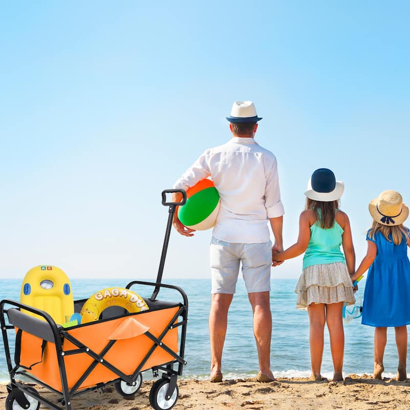 Collapsible Utility Wagon with Storage Straps - 225lb Capacity Foldable Cart, Orange