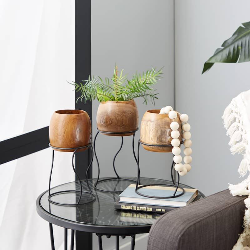 Teak Wood Handmade Planter with Wavy Removable Stand - Set of 3 Brown - Roche River Decor - 6"W x 6"L x 9"H