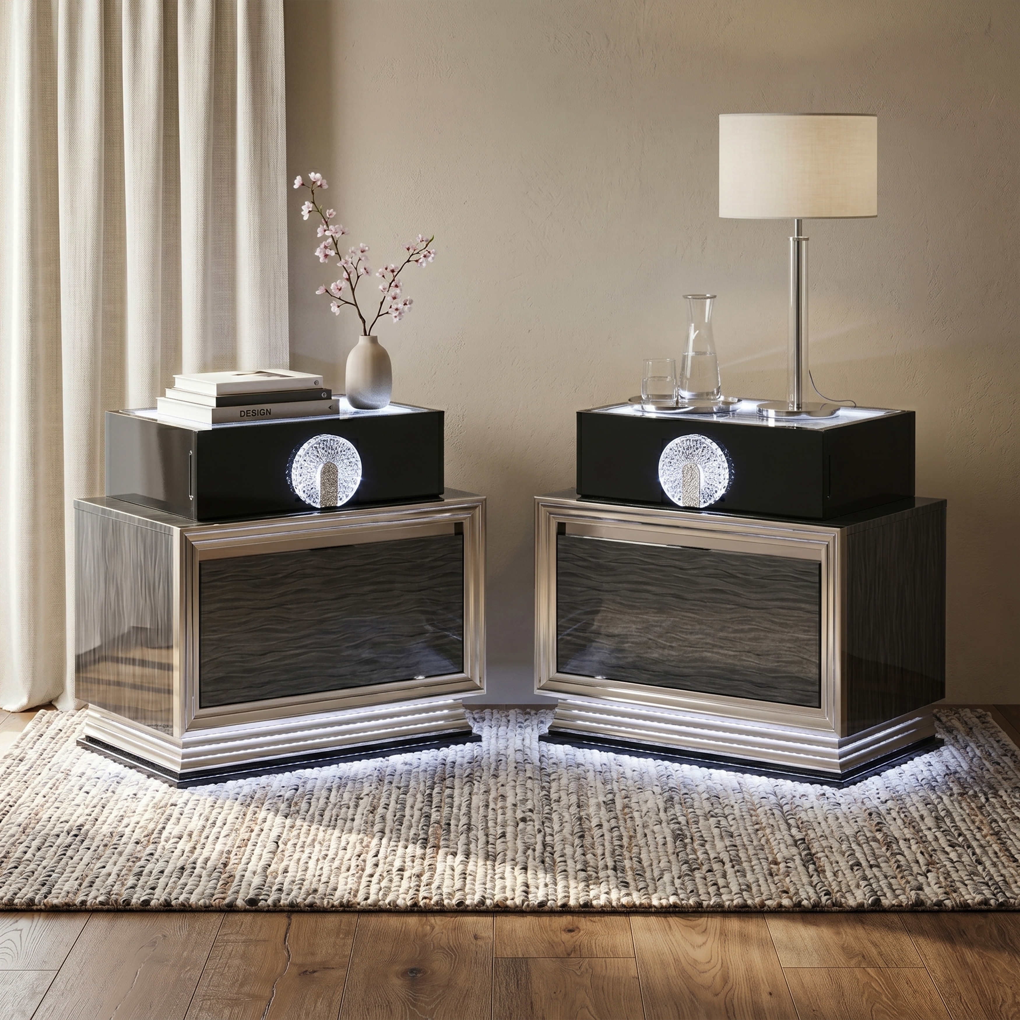 Furniture of America Elvor Modern Charcoal Grey and Black Wood 2-Drawer Nightstand with LED Light (Set of 2)