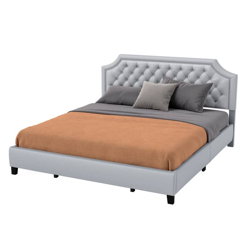 Moasis Linen Upholstered Platform Bed Velvet Bed Frame with Adjustable Headboard