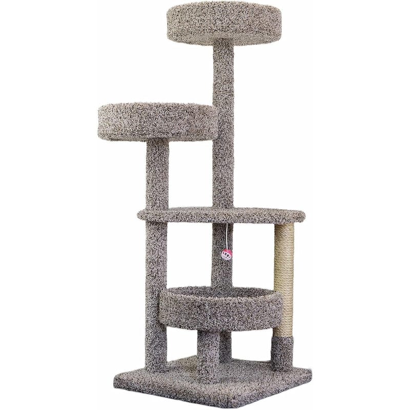 5-Level Solid Wood Cat Tower with Spacious Round Bed, Hammock Perches, Sisal Rope Posts and Play Toy for Indoor Cats