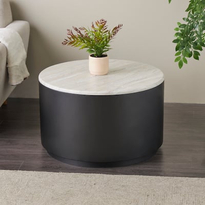 Black Metal Pedestal Coffee Table with Faux White Marble Top