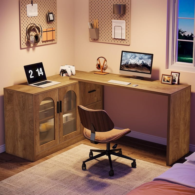 L-Shaped Computer Desk with File Drawers, Reversible Corner Office Desk with Storage Cabinet for Home Office
