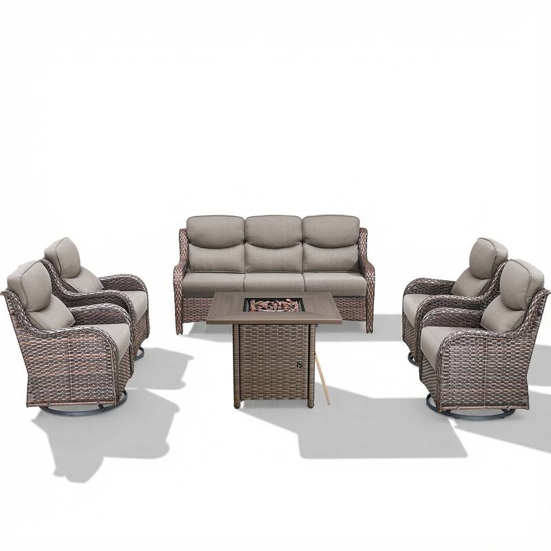 Pocassy Outdoor Propane Fire Pit Table with Sofa Swivel Chair Funiture Set.