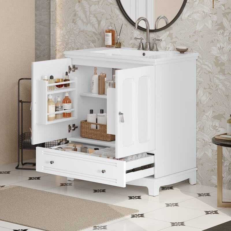30" Bathroom Vanity with Ceramic Sink, Solid Wood Frame Bathroom Sink Cabinet with Adjustable Shelf, Drawer with Divider