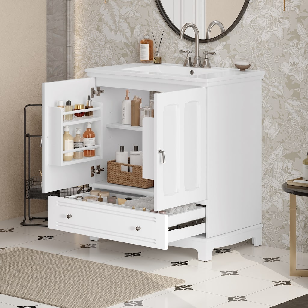 Bathroom Vanity with Ceramic Sink, Bathroom Sink Cabinet with Adjustable Shelf & Drawer Divider, Wooden Bathroom Storage Cabinet