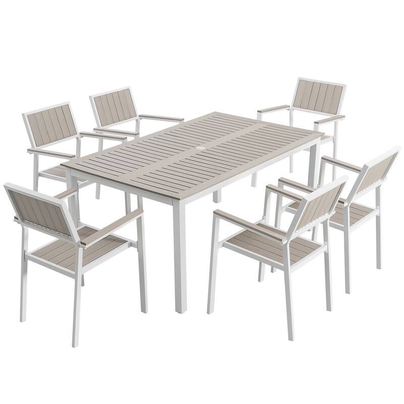 Outdoor Dining Set for 6, Patio Table with Umbrella Hole, Stackable Design