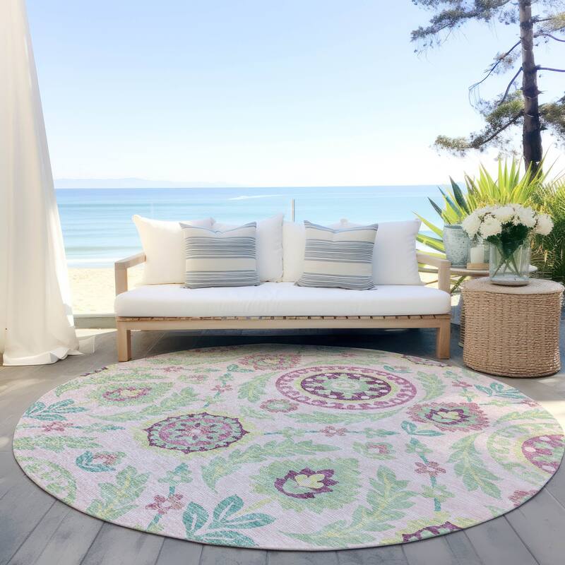 Machine Washable Indoor/ Outdoor Chantille Suzani Boho Rug - Pink - 8' x 8'