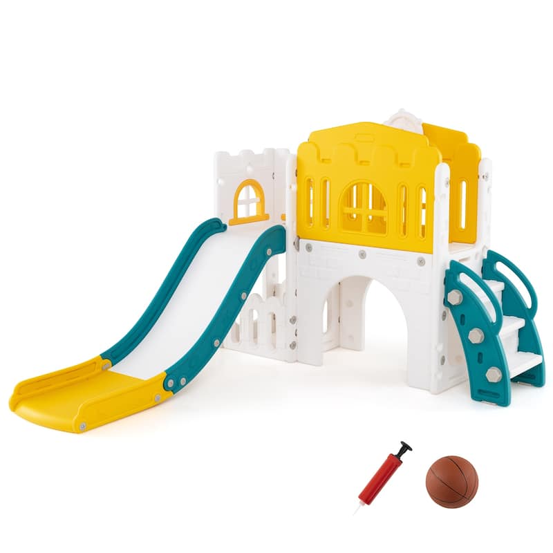 9 in 1 Toddler Slide and Climber Playset with Basketball Hoop Tunnel and Storage Indoor Outdoor Playground for Kids - Yellow