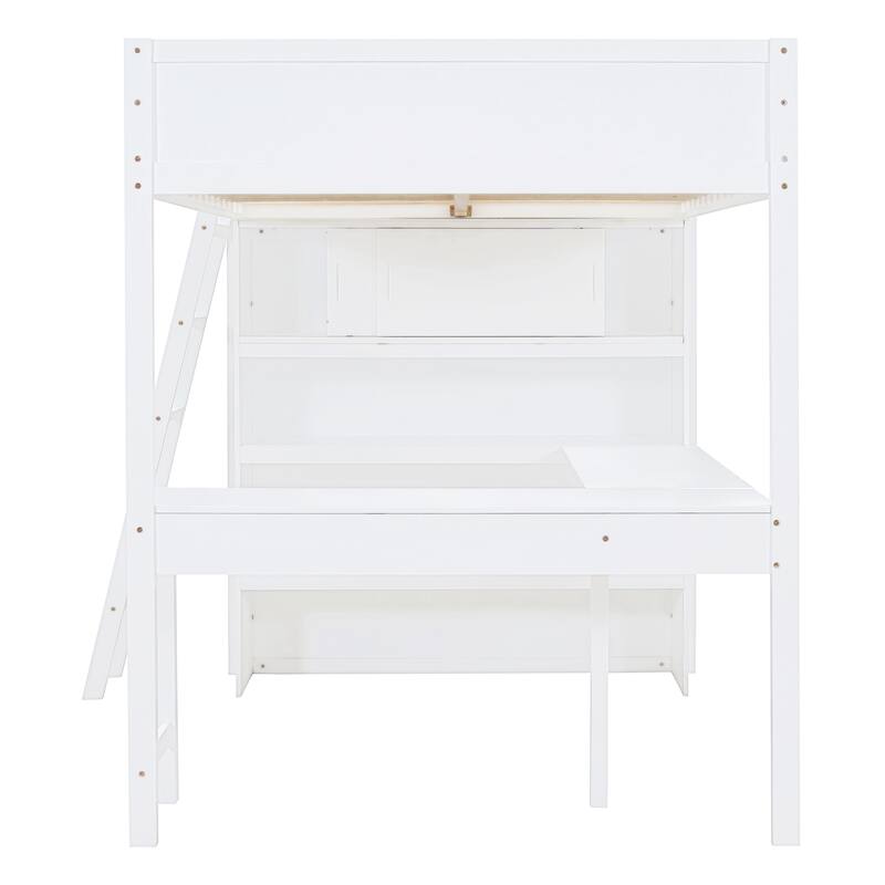 Full Size Loft Bed with Desk and Shelves in White/Gray