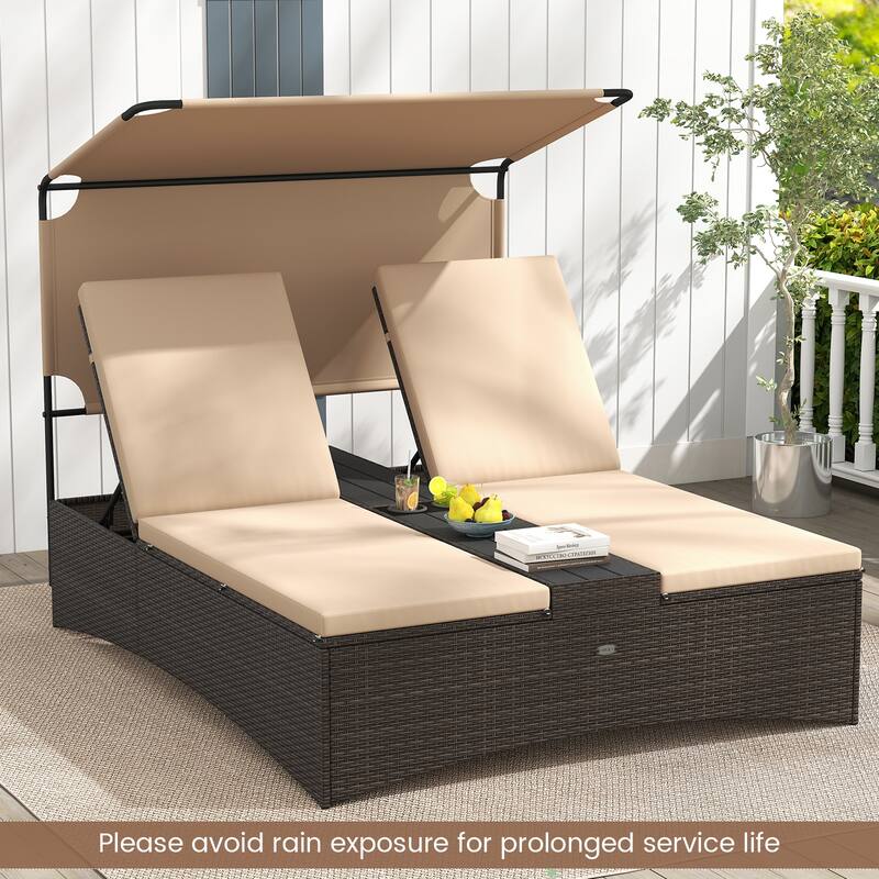Mix Brown PE Rattan Outdoor Daybed with Cushions and Adjustable Canopy - 75.5" × 59" × 61"
