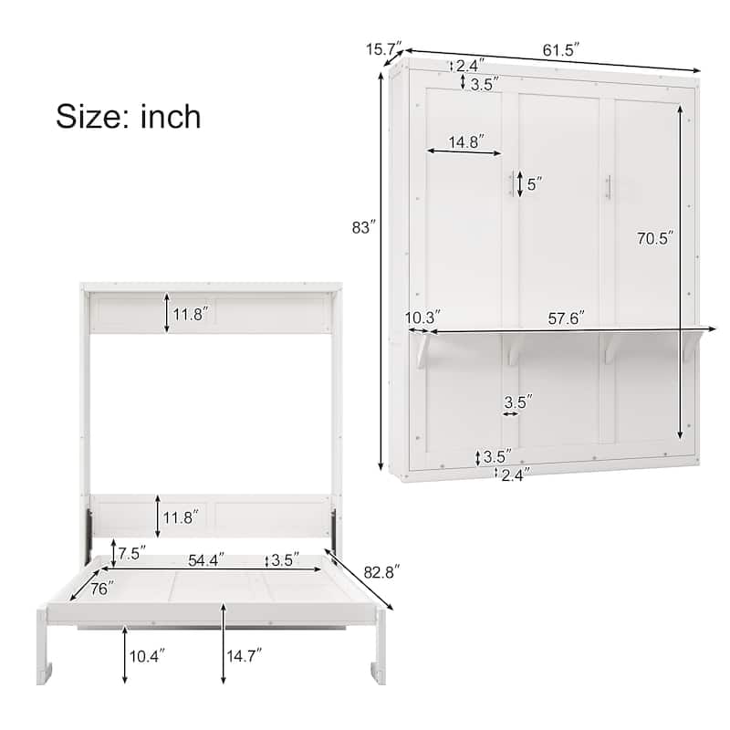 Queen/Full Size White Murphy bed with side cabinets and storage shelves