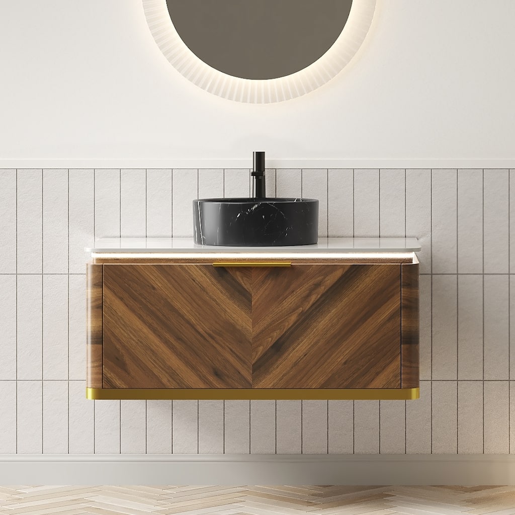 Floating Bathroom Vanity with Sintered Stone Top and Black Ceramic Round Basin