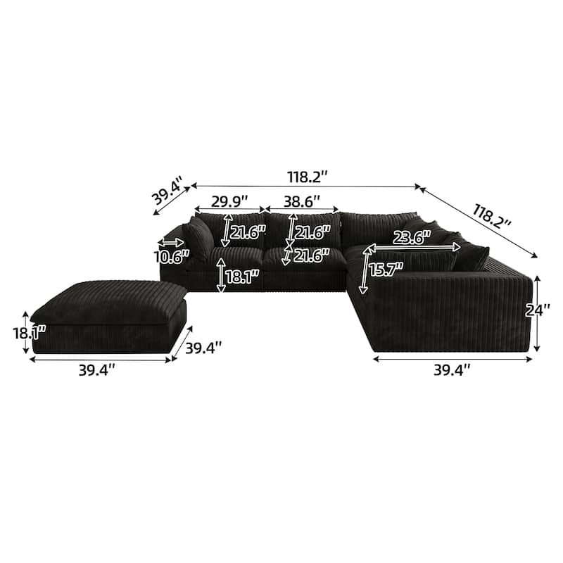 Modular Deep Seat Corner Sofa Corduroy Upholstered L-shaped Sectional Couch with Ottoman and Double-layer Seat Cushions