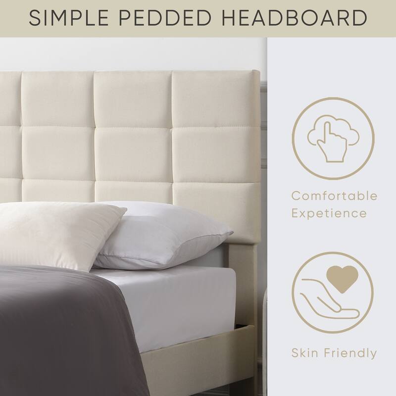 Platform Bed Frame with Fabric Upholstered Headboard and Wooden Slats