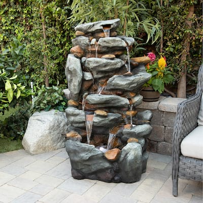 Alpine Corporation 50" Tall Outdoor 8-Tier Rock Waterfall Fountain with LED Lights, Grey