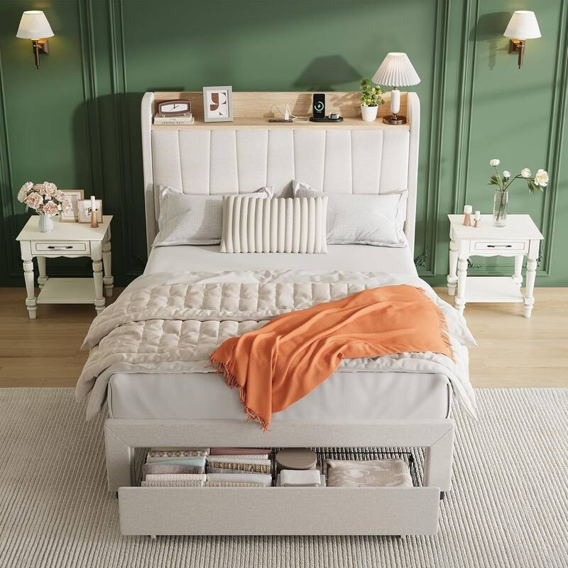 Upholstered Platform Beds with Drawers, Storage Headboard, Charging Station, Beige - Twin