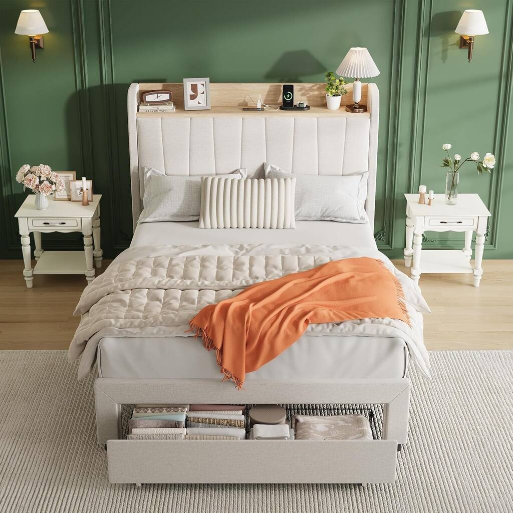 Upholstered Platform Beds with Drawers, Storage Headboard, Charging Station, Beige
