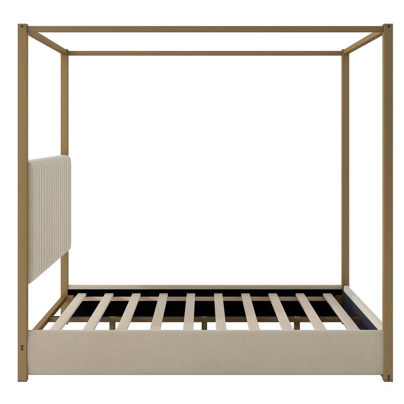 Queen Size Upholstered Canopy Bed, Metal Four Poster Platform Bed Frame with Vertical Striped Headboard, Wooden Slat Support