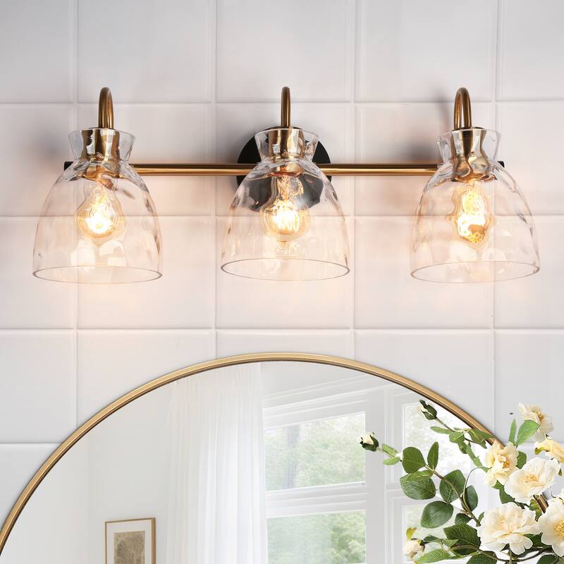 Elisie Modern Glam 3-light Bathroom Vanity Light Black Gold Sconce with Water Glass - L23" x W7.5" x H9"