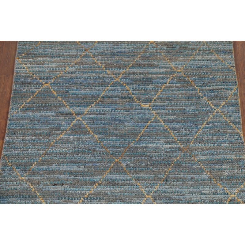Trellis Blue Moroccan Oriental Runner Rug Hand-Knotted Wool Carpet - 4'0"x 12'3"