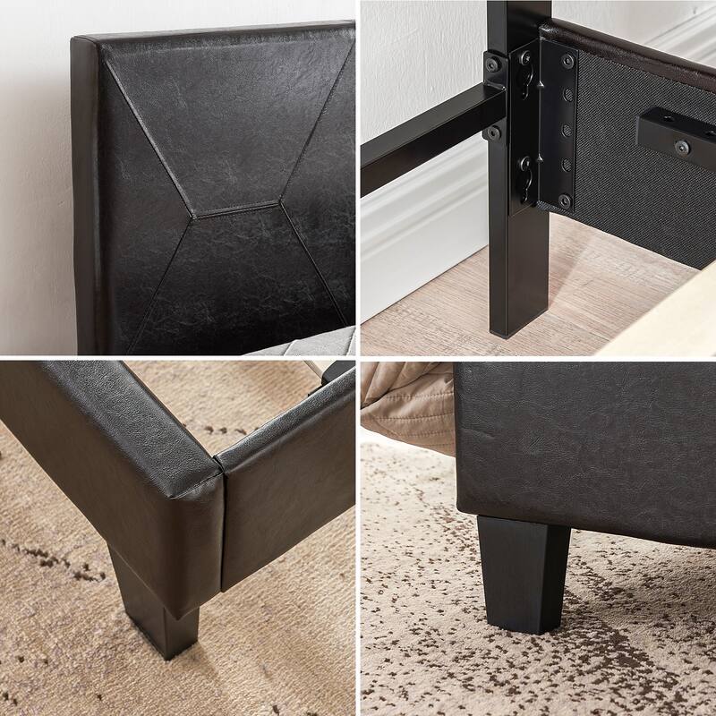 Black Pu Queen Size Upholstered Platform Bed with Wood Slat Support