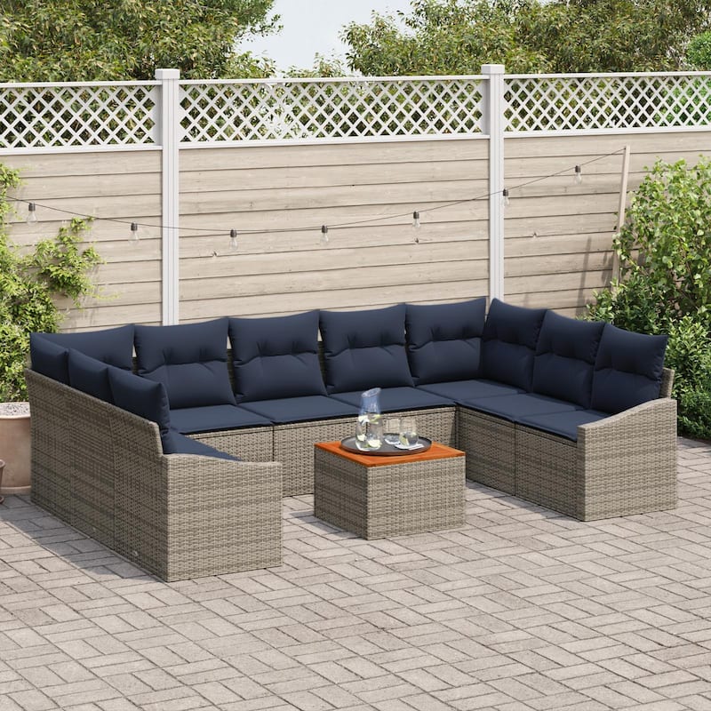 vidaXL 10 Garden Sofa Set with Cushions Black/Grey Poly Rattan - 113.8 x 70.3 x 27.2