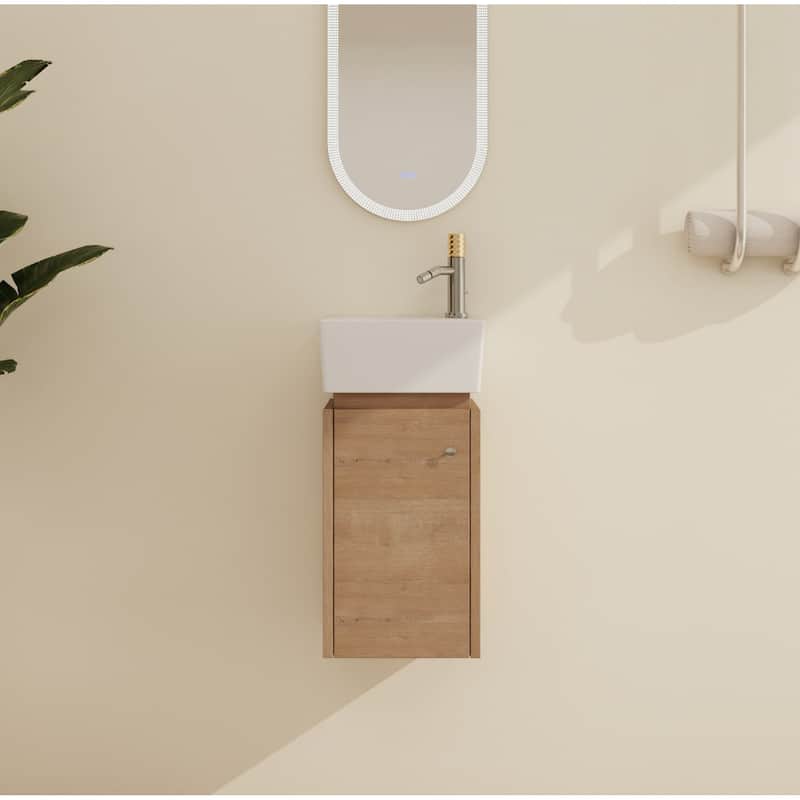 Malwee 12" Floating Bathroom Vanity, Mini Wall Mounted Bathroom Vanity with Ceramic Sink and Soft Close Door - Brown