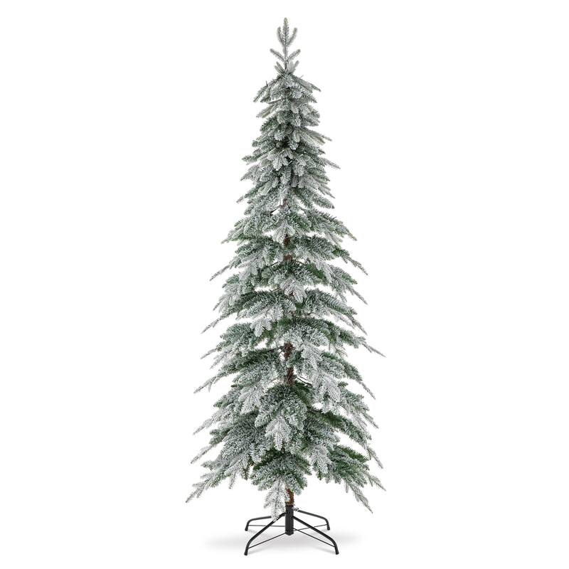 Glitzhome Pre-Lit Flocked Pencil Spruce Artificial Christmas Tree with Warm White Lights