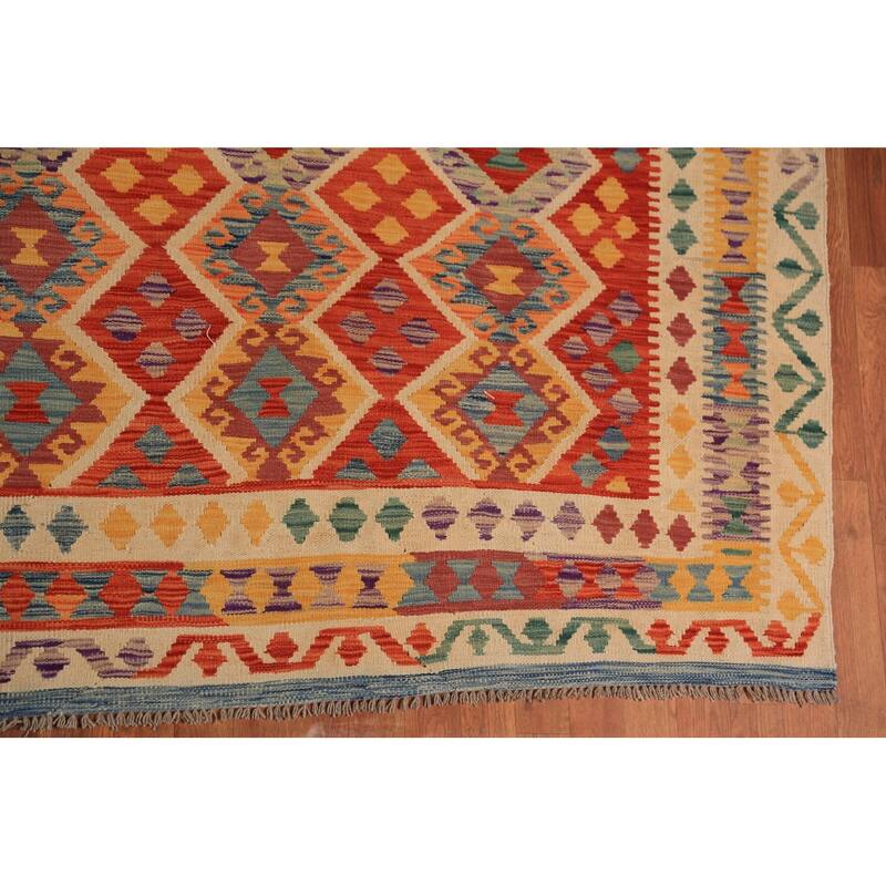 Tribal / Geometric Kilim Oriental Area Rug Hand-Woven Wool Carpet - 10'5"x 13'2"