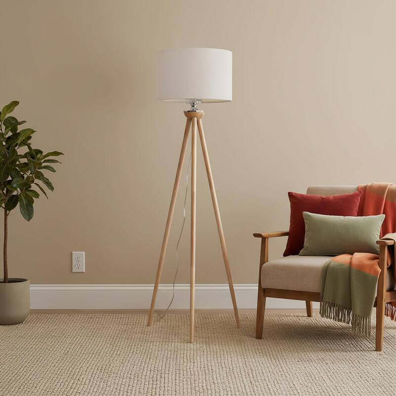 Mary Natural Wood Tripod Floor Lamp with Linen Shade