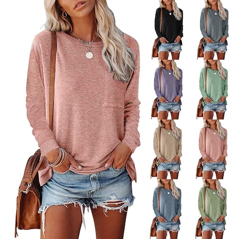 Haute Edition Long Sleeve Heather Round Neck Top with Pocket