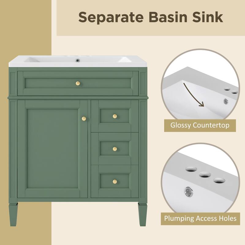30 Inch Bathroom Vanity with Sink, 3 Drawers and Door Organizer, Resin Top, Solid Wood & MDF Cabinet