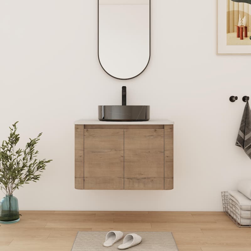 Bathroom Vanity With Sink In 24/30 Inch, Floating Bathroom Vanity With Soft Close Door - 29.5''W×18.6''D×24.4''H - Imitative Oak-Black with white patterns 