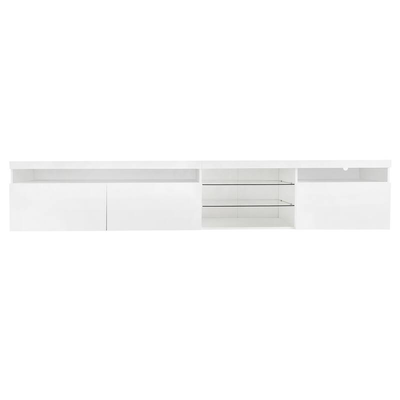 Modern TV Stand with 2 Glass Shelves, LED Lights, Ample Storage, Fits TVs Up to 105"