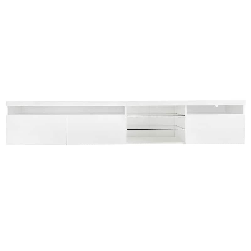 White 94" TV Stand with Glass Shelves & LED for TVs Up to 105"