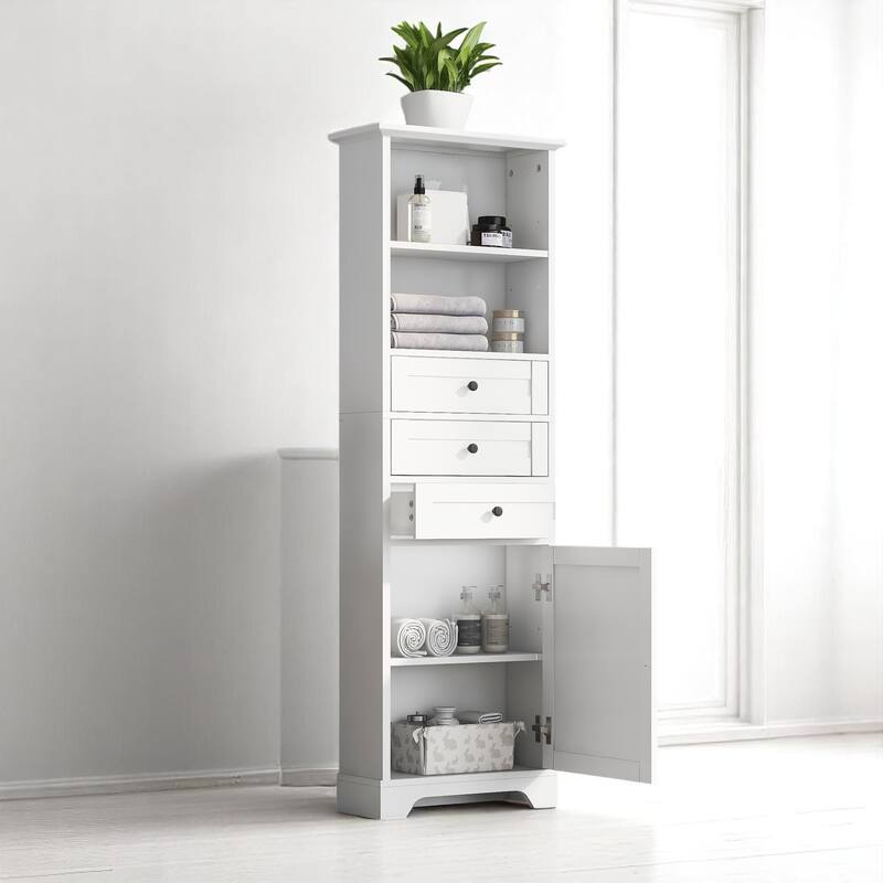Tall Storage Cabinet with 3 Drawers & Adjustable Shelves, Freestanding MDF Organizer for Bathroom or Office