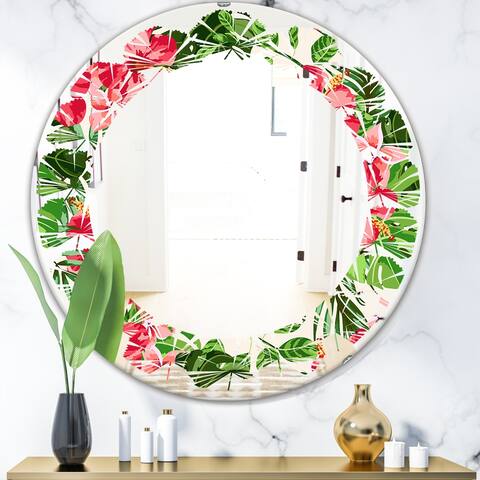 Designart 'Tropical Leaves and Flowers I' Printed Cottage Round or Oval Wall Mirror - Leaves