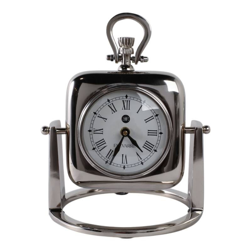 Metal Glass Desk Clock with Roman Numerals and Curved Frame Design - 7" x 7" x 9"