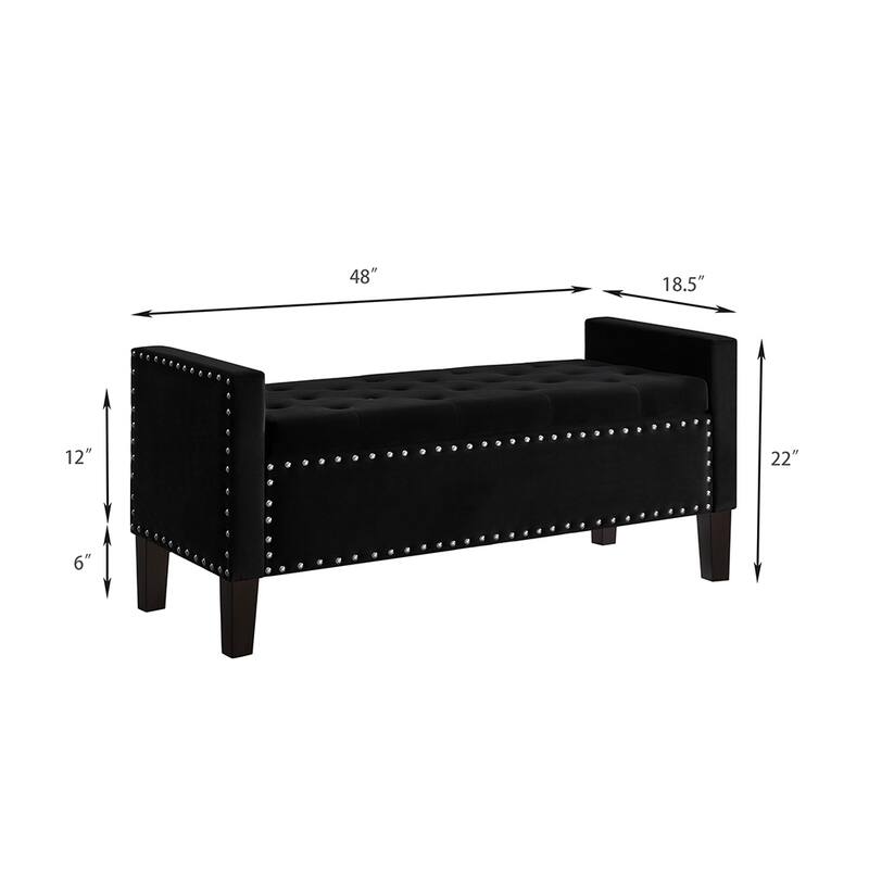 48"L Velvet Storage Bench, End Of Bed Upholstered Tufted Button Storage Bench With Nails Trim