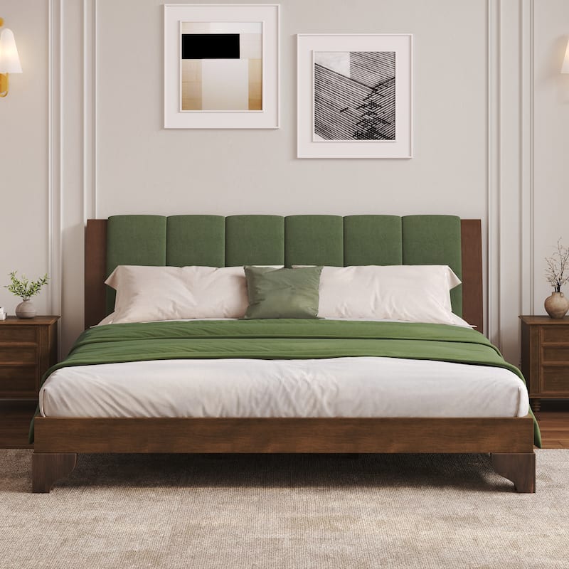 Pine Wood Bed Frame Mid Century Modern Platform Bed with Green Upholstered Headboard, Wood Slat Support Low Profile Wingback Bed