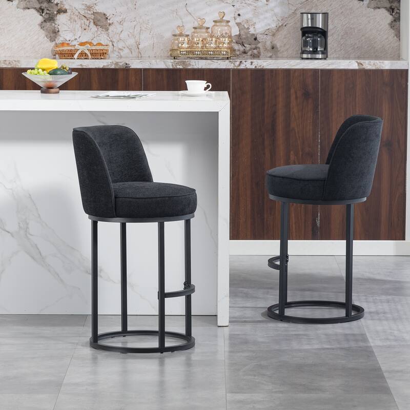 Counter Height Bar Stools Set of 2, Modern Barrel Counter Stools with Backrest, Linen Fabric Upholstered Accent Bar Stools