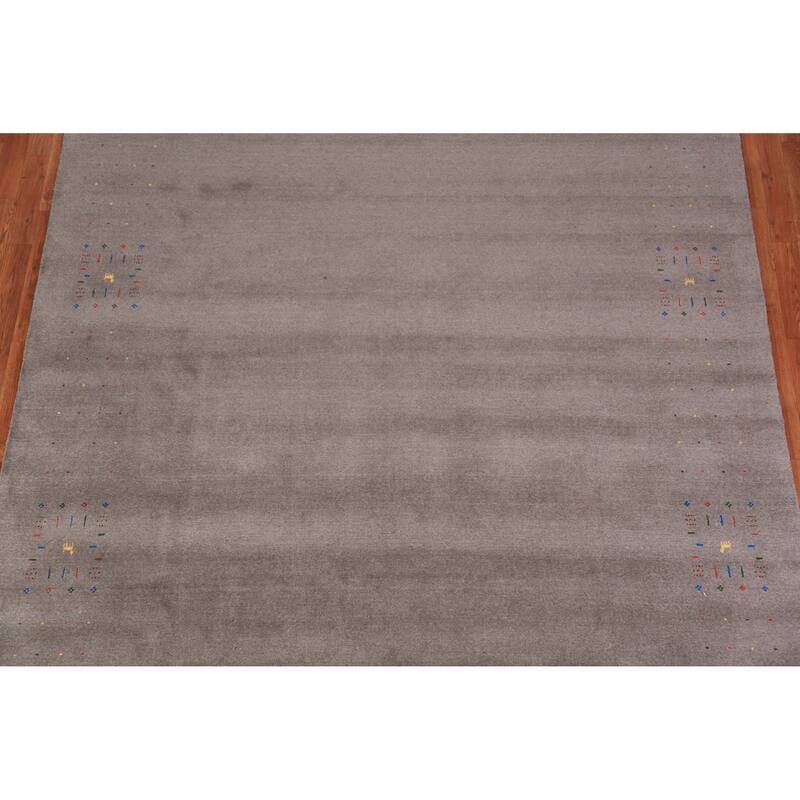 Tribal Gabbeh Area Rug Hand-Knotted Grey Wool Carpet - 8'0" x 9'11"