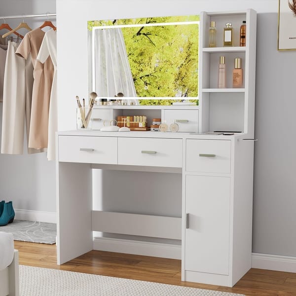 White Makeup Vanity with Adjustable LED Mirror, Small Vanity Table with  Charging Station & Storage Fashion Dressing Table - Bed Bath & Beyond -  42242003